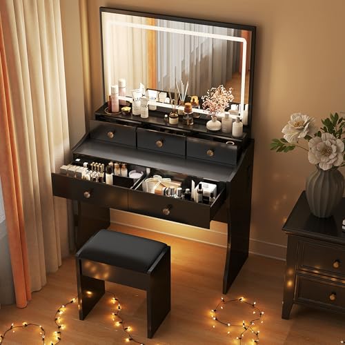COMHOMA Coiffeuse avec Miroir LED à Luminosité Réglable, Coiffeuse avec Miroir et Prise avec...