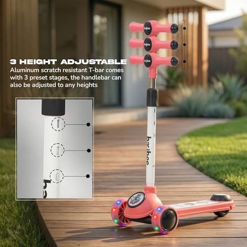 Image of Baybee Rolo Kick Scooter for Kids, 3 Wheel Kids Scooter with 3 Height Adjustable Handle, Music & Rear Brake, Skate Scooters with PU LED Wheels | Runner Scooters for Kid 3+ Years Boys Girls (Pink)