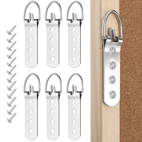 Image of 6 PCS Super Heavy Duty Extra Large Strap Hanger D-Ring Hanger with 24pcs Screws Sliver Picture D Ring Hangers Stainless Steel Picture Frame Hangers Mirror Hanging Hardware for Hanging Pictures