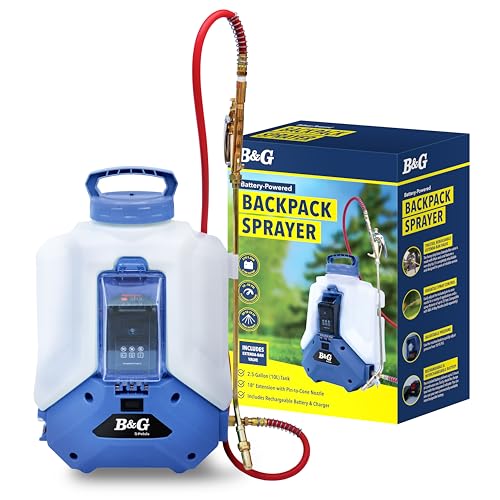 B&G Battery-Powered Backpack Sprayer (2.5 Gallon) Cordless Electric Sprayer with Extenda-Ban Valve & 18 Extension | 21V 5.2Ah Rechargeable Battery | Adjustable 10-95 PSI | Brass Pin-to-Cone Tip