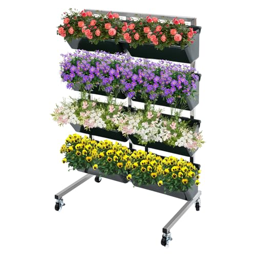 KONGKUNI Soporte de exhibición de flores con 8 cubos, estante móvil de 4 niveles con ruedas y pala de jardín, estante de floristería de acero inoxidable para patio, jardín, balcón