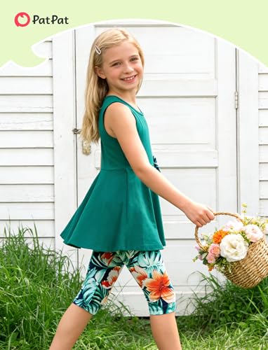 Image of PATPAT Girls Summer 2 Piece Outfits 4-12Y Butterfly Bow Sleeveless Tunic Tops and Floral Print Shorts Cute Clothes