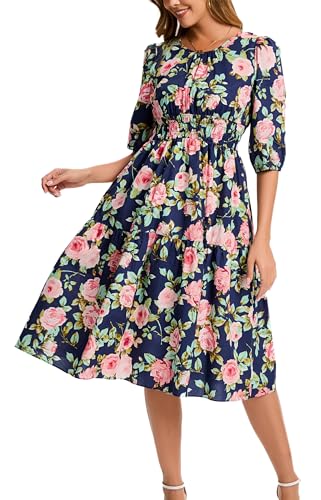 Image of Kormei Women Casual Boho Floral Round Neck 3 /4 Sleeve Smocked Waist Tiered A Line Flowy Swing Midi Dress Long Dresses