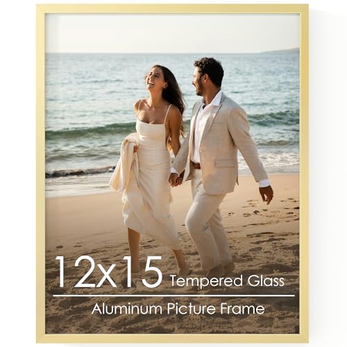 FLYJOE 12x15 Metal Picture Frame - Gold Aluminum Picture Frames with Real Glass, Wall Mounting Horizontally or Vertically, Diploma, Certificates for Wall Gallery Poster Photo 15x12 Frame, Gold