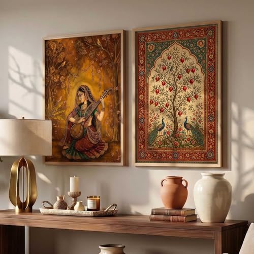 Image of kotart Madhubani Art Wall Painting Traditional Home Decoration With Frame For Living Room Bed Room Hotel Wall Decor Digital Reprint Set of 2 (10X13 INCH)