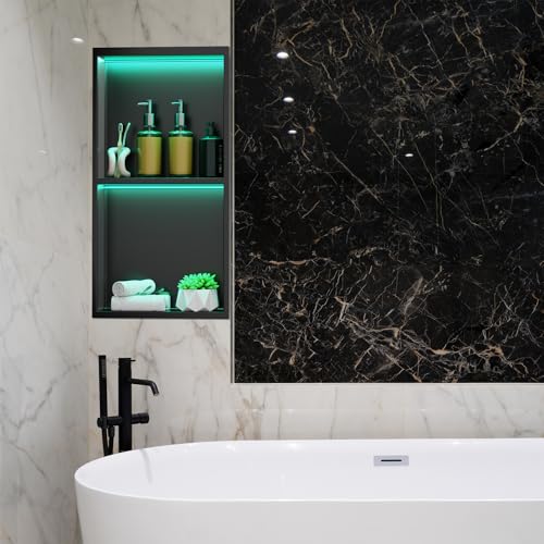 Vercraft 24\'\' x 12\'\' LED Light Stainless Steel Shower Niche with RGB Colorful Remote Control Matte Black No Tile Needed Wall Niche Insert Recessed Double Shelves for Bathroom Storage - Thumbnail 6