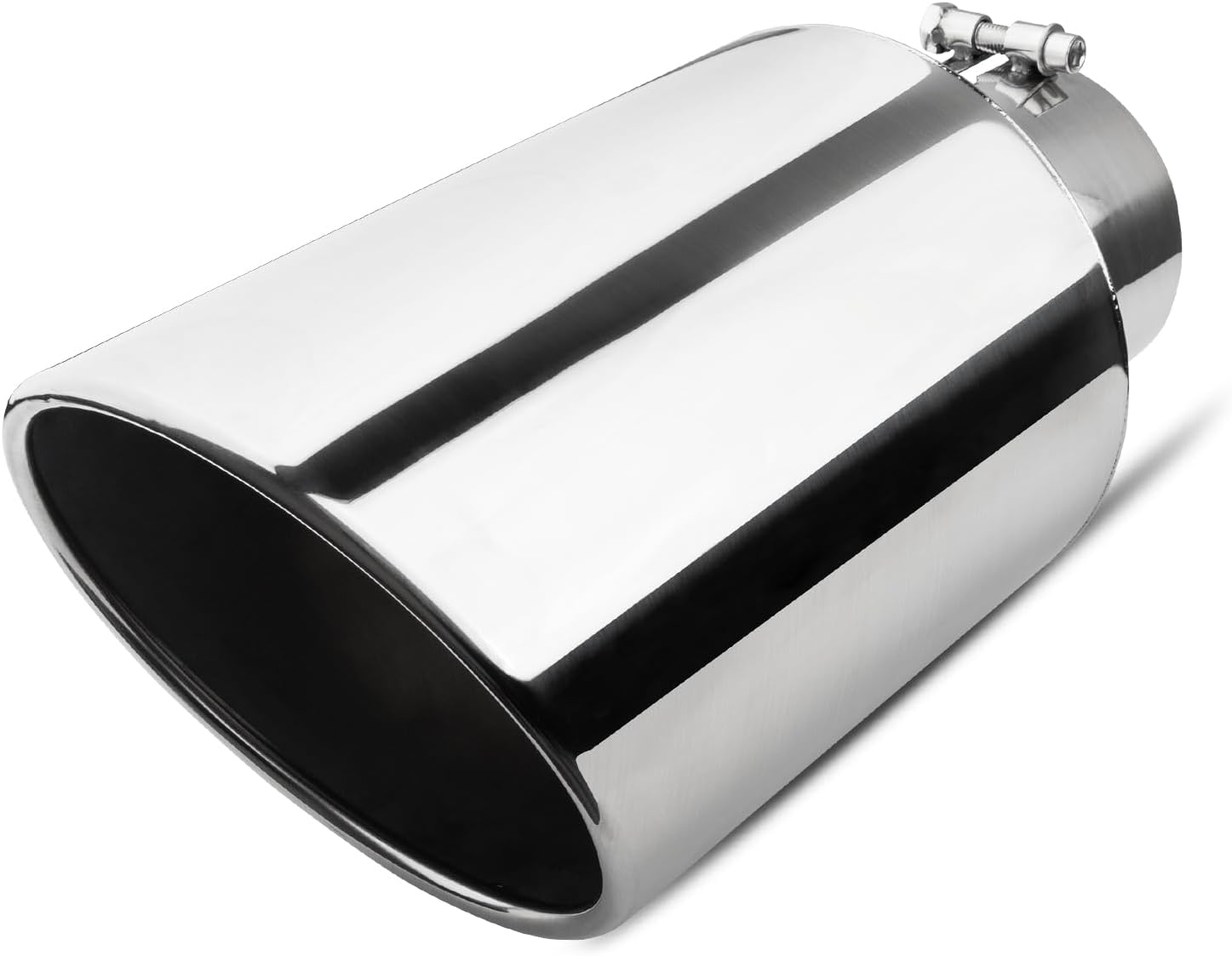 5 inch Inlet Exhaust Tip, 8" Outlet 15" Overall Length Stainless Steel Exhaust Tail Pipe, Bolt-On, Rolled Edge, Slant Sleek Angle Cut, Polished Tailpipe, Silvery