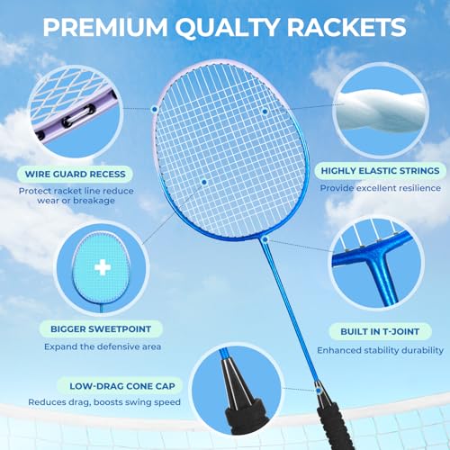 Image of HIRALIY Badminton Rackets Set for Backyards, Badminton Set, Includ 2 /4 Rackets, 6 /12 Birdies, 1 Carrying Bag, Outdoor Game for Adult Family Beginner