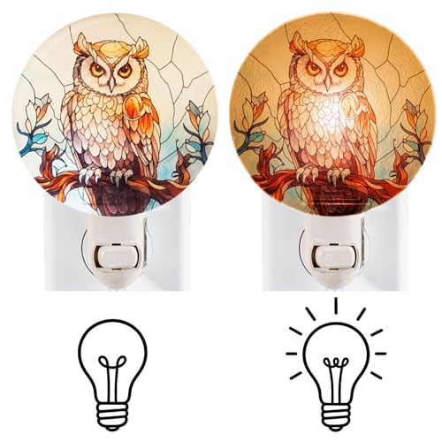 Image of Owl Night Light - Vintage Cottagecore Stained Glass Style Plug-in Wall Light, Flat Glass Owl Design for Vertical Outlets, Tiffany-Inspired Decor Gift