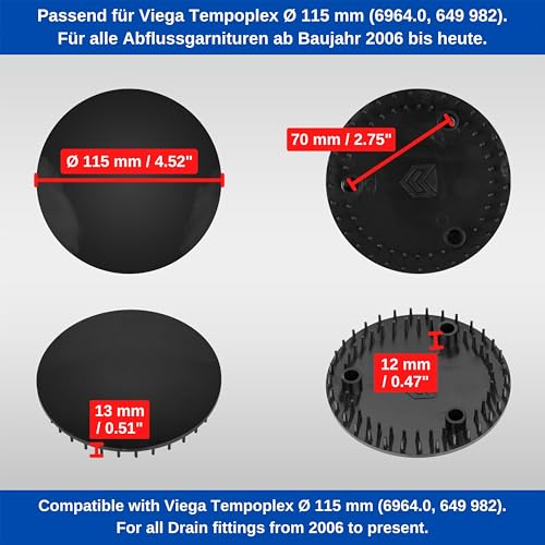 Abdeckhaube für Duschabfluss, Ø 115 mm, kompatibel mit Viega Tempoplex Ablaufgarnitur ab Baujahr 2006, passend für Modell 6964.0, für Ablaufloch Ø 90 mm, schwarzes ABS ASA, Deckel Dusche Abdeckung