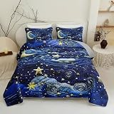 lneffble Blue Galaxy Print Quilt Queen for Bed，Starry Night Quilt Queen Size，1 Bedspread with 2 Pillow for Kids Adults Bedroom Decor 96X90 Inches