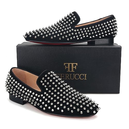 FERUCCI Men Black Velvet Slippers Loafers Flat with Silver Spikes2
