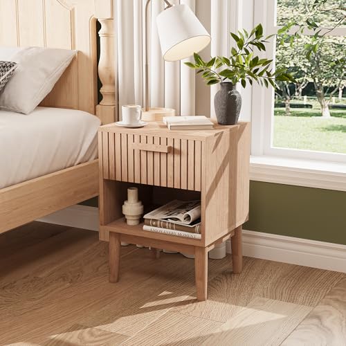 Mutuolux Table de Chevet Lot de 2,Table Chevet avec 1 Tiroir,Design à Lattes,Style Scandinave, Finition Chêne Naturel