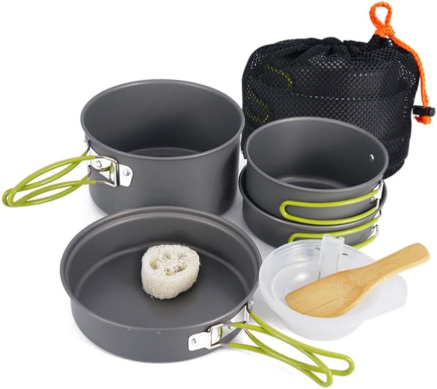 1set Portable Outdoor Non-Stick Cooking for Camping and Fishing Includes Pan Frying Pan Bowls Spoon Spatula Loofah for Hiking and Picnics