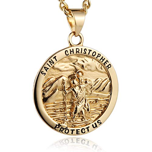 HZMAN Round St. Christopher Pendant Necklace Medal Solid Stainless Steel with 22+2" Cuban