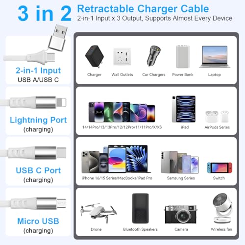 Image of Verilux Car Charger Cable 3 in 1 Fast Charger, PD 100W Retractable Car Cable with USB A /C to USB C /Lighting /Micro, 480Mbps Data Transfer for iPhone 17 /16 /15 /14, Galaxy S24 /S23, Android, Laptop, White