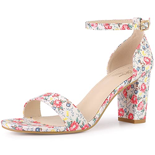 Perphy Floral Printed Open Toe Ankle Strap Chunky Heel Sandals for Women