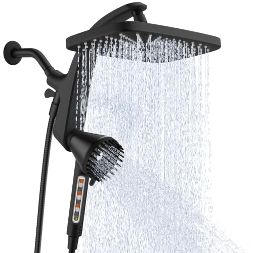 Image of Shower Head with Handheld - High Pressure Filtered Hand Held Showerheads | 12 inch Rainfall Shower Heads, Built-in Magnetic Docking, Wash Jet, Replaceable Filters, Stainless Steel Shower Hose, Black