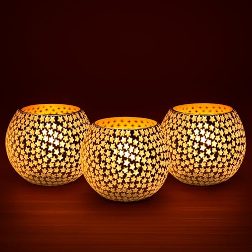 Image of Floryn Decor Morrocan Mosaic Candle Holders | Home Light Decorations Items | Mosaic Glass Tealight Holder | Best lamp for Diwali Decoration | Pack of 3 (with 3 Tealight Candle Free)