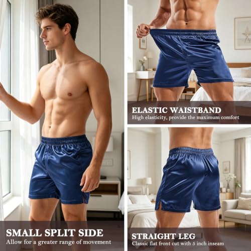 Image of AMY COULEE Mens Satin Boxer Shorts Silky Lightweight Pajama Bottoms Split Side Lounge Sleep Shorts