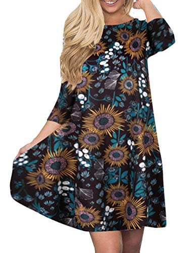 Women's 3/4 Sleeve Damask Floral Printed Tunic Dress Bohemian Swing Casual Midi Dress With Pocket Tunic Blouses For Leggings (Large, Multicolor C)