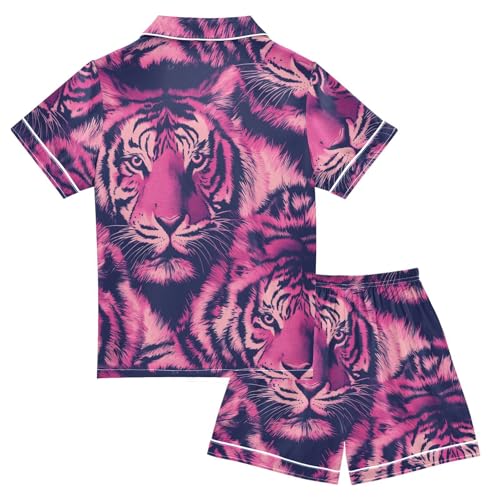 Satin Pajama Sets Short Sleeve Bold Pink Tiger Pattern Button Down Silky Nightwear 2 Piece PJS 5-14Y2