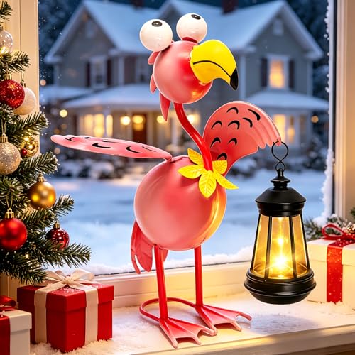 Image of VOOKRY Solar Flamingo Garden Statue with Lantern,Metal Flamingo Outdoor