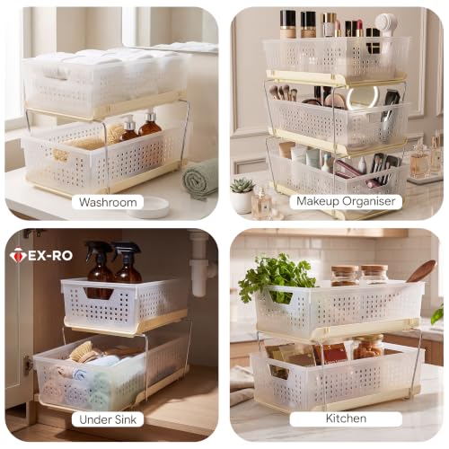 Image of TEX-RO Stackable Storage Baskets Organizer - 3 Tier Multipurpose Plastic Storage Rack with Stainless Steel Support Rods for Bathroom, Vanity, Wardrobe & Under Sink Storage (Clear /Beige)