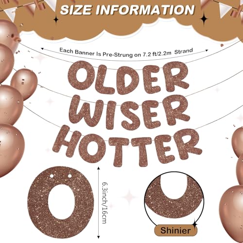 Image of Fulmoon Set of 3 Pre Strung Older Wiser Hotter Glitter Banner Funny Birthday Banner for Women 30th 40th 50th 60th 70th 80th Birthday Party Decorations Sign Gift (Brown)