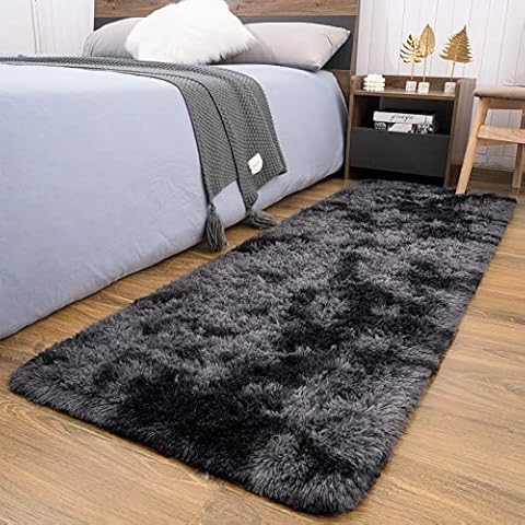 Maxsoft Soft Shaggy Runner Rug for Bedroom, 2x6 Feet Indoor Modern Fluffy Area Rugs Fuzzy Carpet for Hallway Bedside, Upgrade Non-Slip Shag Plush Rug for Dorm Living Room, Tie-Dyed Dark Grey Cover