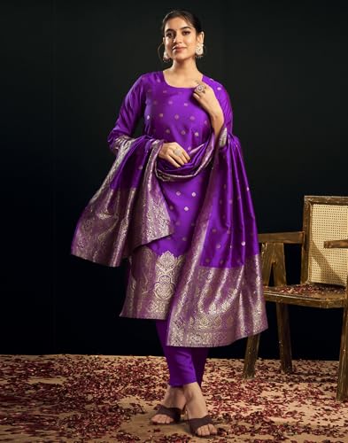 Image of SIRIL Women's Rayon Viscose Banarasi Jacquard Zari Woven Straight Kurta Pant with Dupatta Set