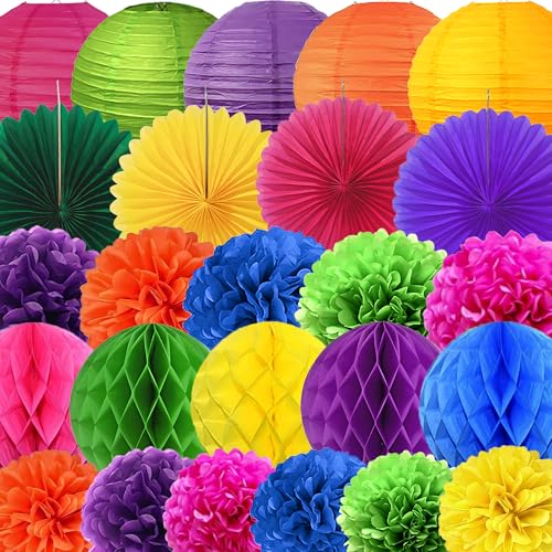 YBwanli Conjunto de decoração colorida para festas, 24 peças: lanternas de papel, leques de papel, bolas de favo, aplicável à decoração de aniversário, decoração carnaval, festa mexicana decoração
