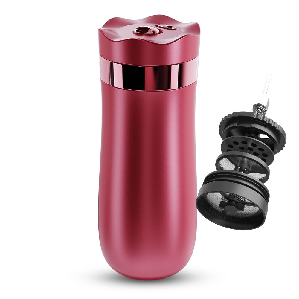 BENFUCHEN Travel Coffee Press, Vacuum Insulated Portable French Press, Stainless Steel Portable Coffee Maker/Tea Press, 12oz, Rose Red