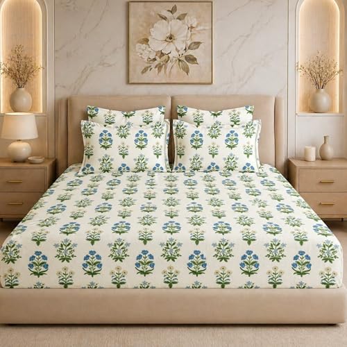 Image of THEA King Elastic Fitted Double Bedsheet Set| 100% Cotton Like Soft Fabric | Microfiber King Elastic Double Bedsheet for King Size Bed (72 X 78 x 10 inches) with 2 Pillow covers,Boota Floral