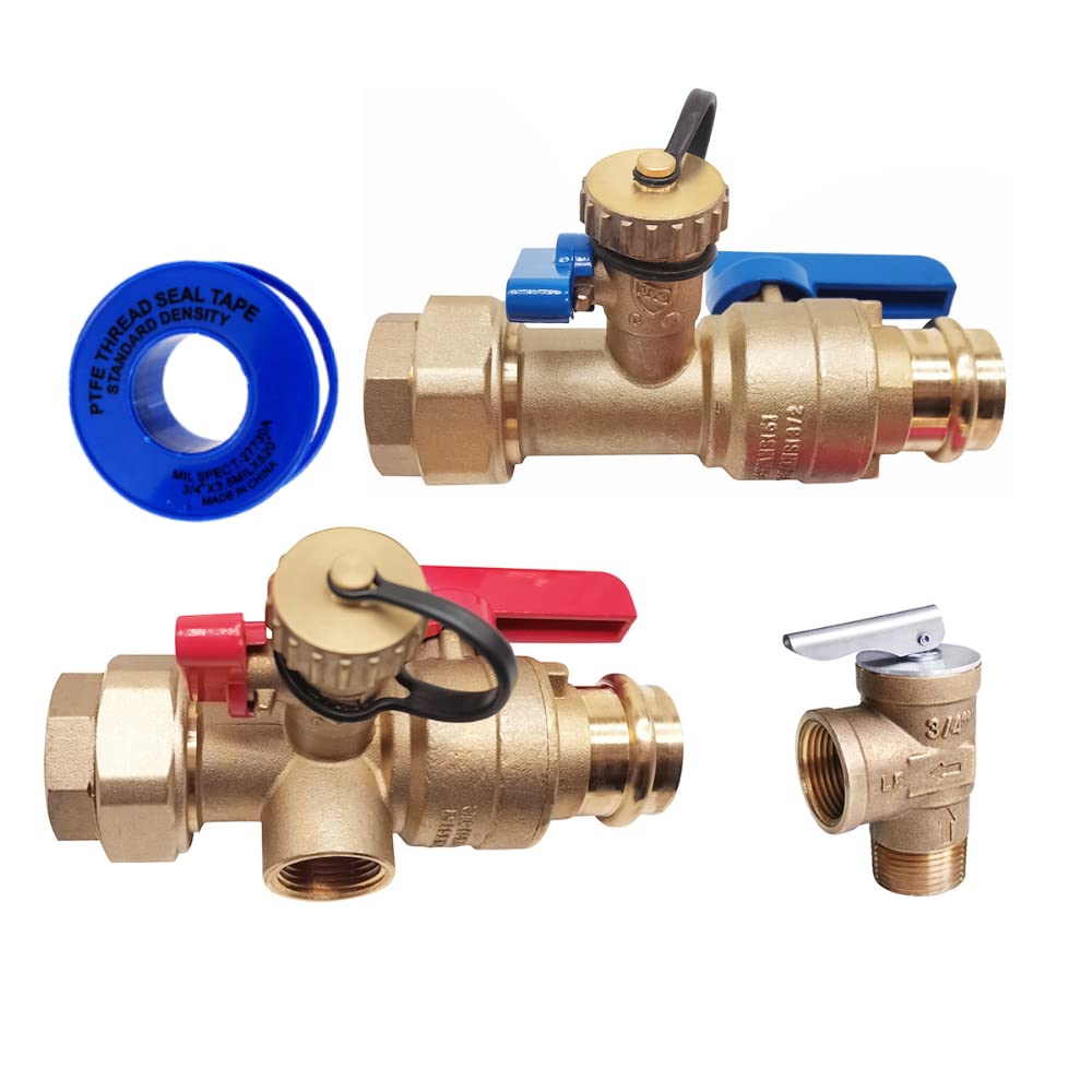Kit de válvula de servicio de aislamiento de calentador de agua sin tanque de 3/4 pulgadas con válvula de alivio de presión, latón limpio FNPT X PRESS, válvula de instalación de servicio de 3/4