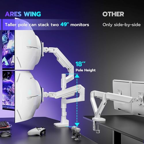 Image of ARES WING Dual Monitor Arm Desk Mount for 17-49 Inch Ultrawide Monitors, Heavy Duty Dual Monitor Mount Holds 44 lbs, Full Motion Gas Spring Vertical Stacked Monitor Mount, 75 /100 VESA Mount, White