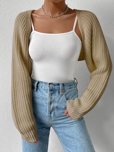 Image of GORGLITTER Women's Open Front Cardigan Sweater Trendy Dressy Cute Long Sleeve Bolero Shrug Fall Knit Short Cardigan Khaki X-Large