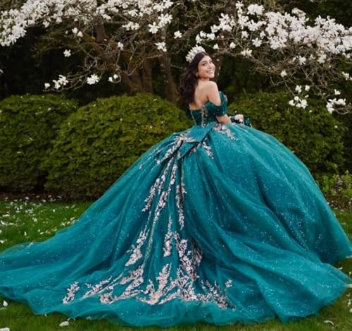 Mouccy Glitter Gold Floral Quinceanera Dresses with Bow Beaded Off Shoulder Sweet 16 Dress Ruched Tulle Evening Ball Gowns2