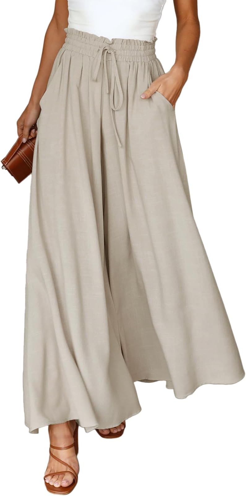 DokotooWomens Wide Leg Trousers Loose Fit Casual Flowy Women's Trouser Elastic Drawstring High Waist Summer Ladies Palazzo Pants with Pockets S-XXL