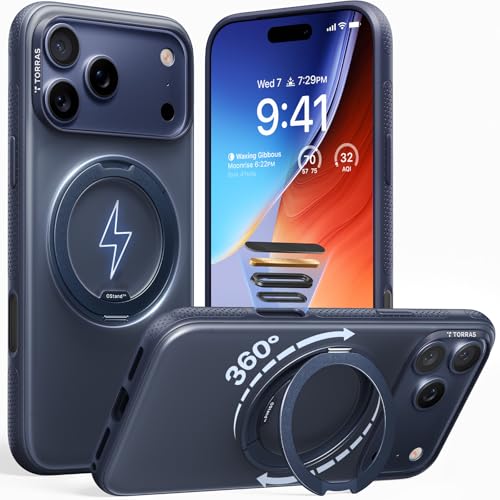 TORRAS O3 Fitness for iPhone 15 Pro Case Magnetic Stand, Fit for MagSafe, 360 Rotatable Stable Stand, Military-Grade Shockproof, Slim & Sleek Anti-Scratch Cover, Obsidian Black Translucent C