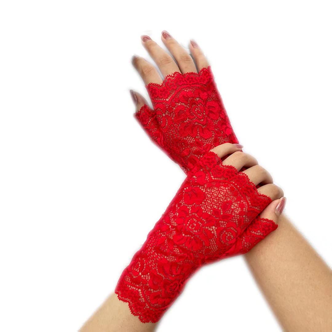 Women's Lace Gloves Fingerless Floral Gloves Wedding Party Costume Accessories, Red, One Size โ image 1