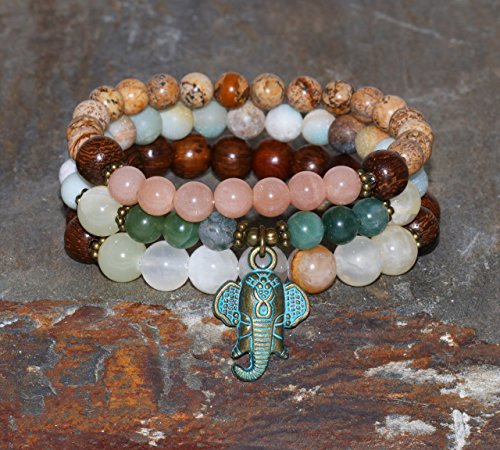 Mainashiki Stack Healing Bracelets Energy Gemstones Jewelry - Amazonite, Jade, Jasper, Moss Agate, Oak-Tree, Sunstone Wrist Mala Beads Boho