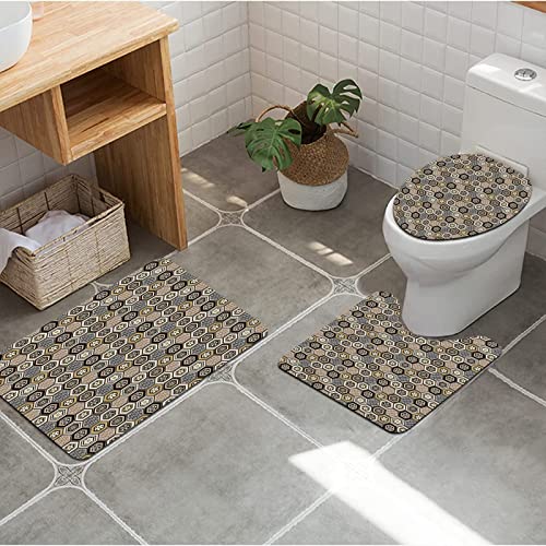 3 teiliges Badematten Set rutschfest U-FöRmige Duschvorleger,Florales, viktorianisches Damast-Barock-Sechseck Rokoko… – Bild 5