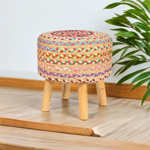 Image of Wooden Ottoman Stools Jute Pouffes for Sitting, Footrest with 4 Wooden Legs Ideal for Living Room, Office, Dressing Table Stylish & Comfortable Furniture for Home Decor,Multiolor (2 Pack)