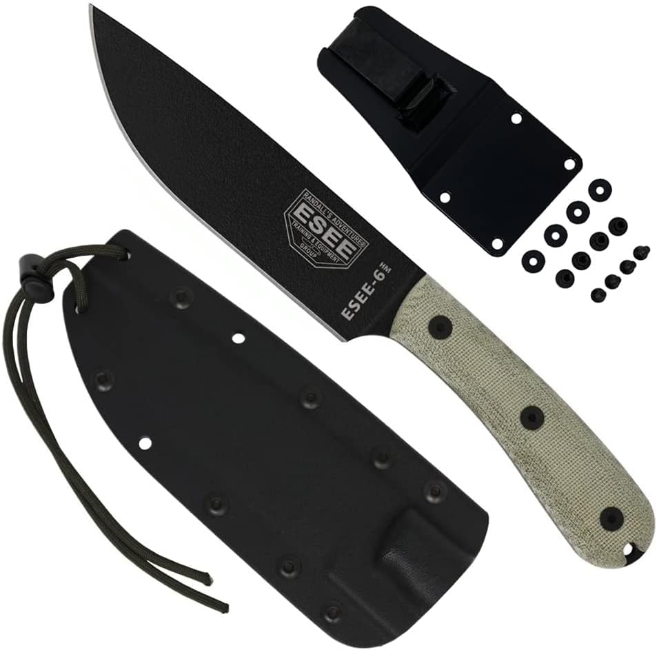 ESEE-6HM Fixed Blade Survival Knife, 1095 Carbon Steel, Round Modified Handle, Made in USA (Black Kydex Sheath (Ambidextrous))