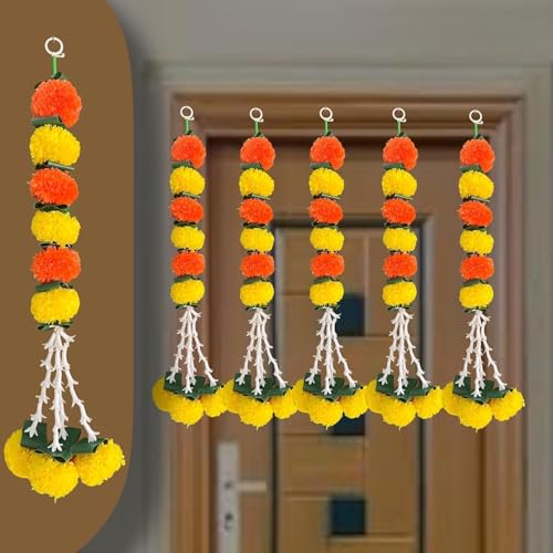 Image of S2S Artificial Marigold, Rajanigandha & Leaf Garland | Festive Hanging - 21 Inch (Pack of 5) | Traditional Door & Mandir Decoration for Makar Sankranti & Pooja