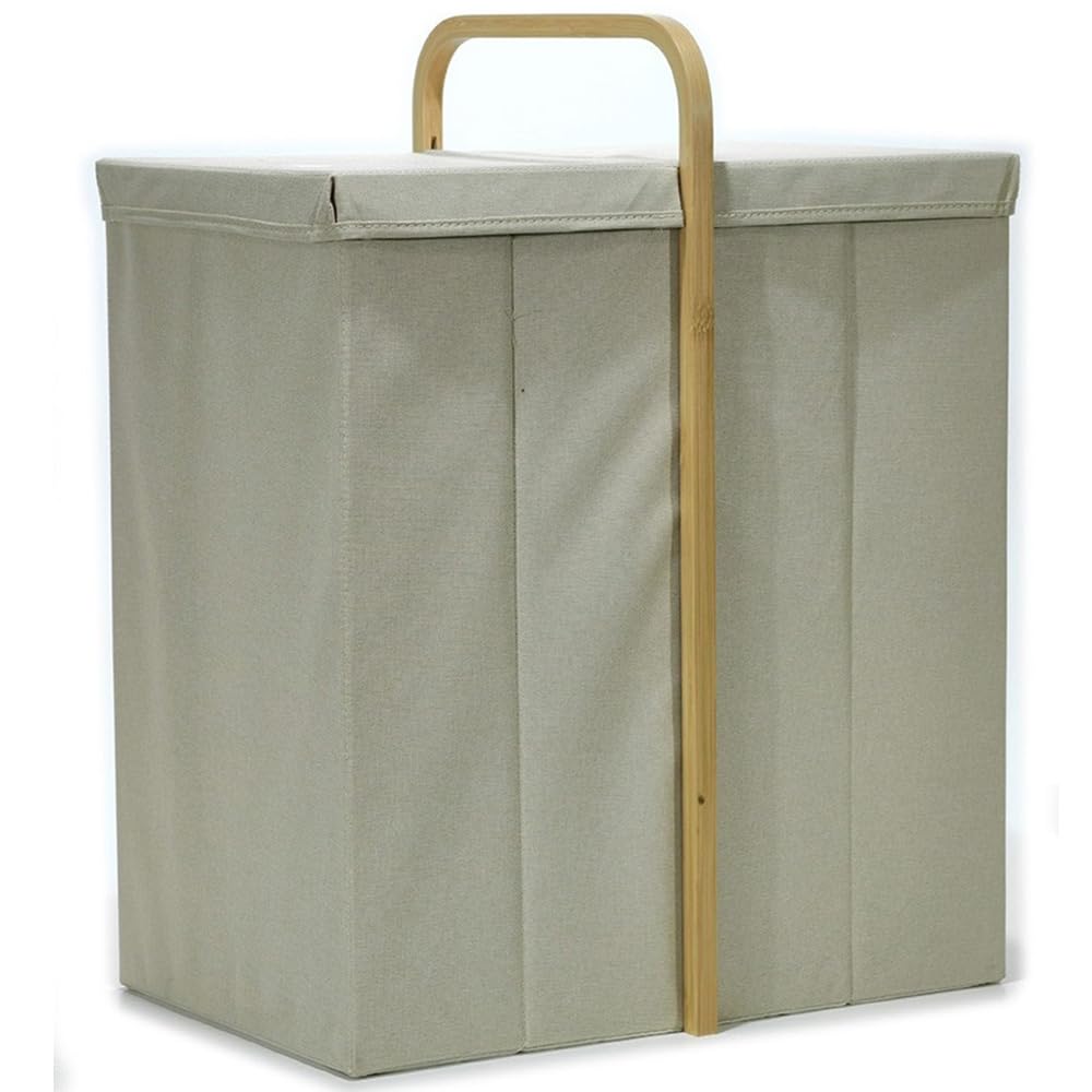 Cesta Portabiancheria Ordinet Pieghevole 2 Scomparti in tessuto con manico in Legno di Bambù, Cesto Lavanderia Salvaspazio con Coperchio per Giochi e Vestiti, L50xP36xH65cm, Beige