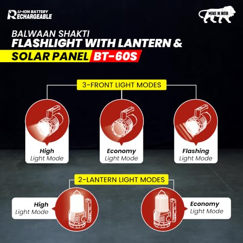 Image of Balwaan Krishi Solar Flashlight with Lantern | 5W LED| 2-in-1 Torch| BT-60S | Type-C Rechargeable Torch, 3 Front & 2 Lantern Modes, 2-in-1 Torch Lantern, Emergency Light for Home