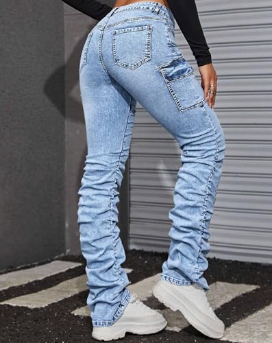 Women's Stacked Jeans Mid Rise Bootcut Skinny Stretchy Denim Pants Trousers2