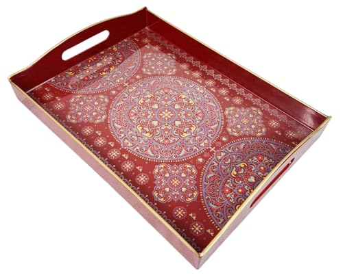 Umisriro Boho Red Decorative Tray, Serving Tray with Handles, Plastic Tray for Coffee Table, Ottoman - Ideal for Living Room & Bathroom. 15” x 11” x 2.5”